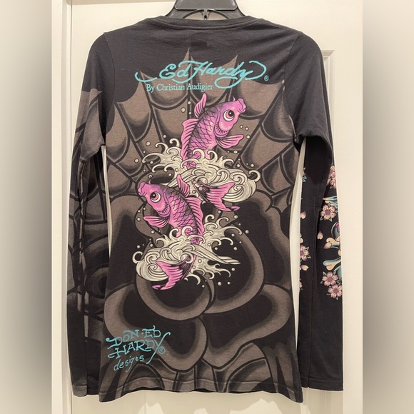 Ed Hardy Shirt Vintage Y2K Size Small Rhinestone Skull Koi Fish Rare Multi Print - Picture 2 of 16